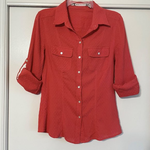 Anthropologie Chelsea & Violet Tab Long Sleeve Button Down Shirt  Red/Orange M - Picture 2 of 11